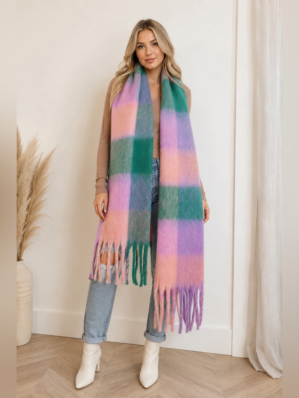 Soft Pastel Rainbow Mohair Scarf – Pink, Purple & Green – Cozy & Stylish 82.7x15